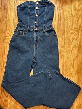 Strapless Dark Blue Denim Jumpsuit Jeans